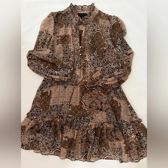 House Of Harlow 1960 Dress Boho Long Sleeve Mini Dress Brown Gold Sparkle size 8 - Picture 6 of 16
